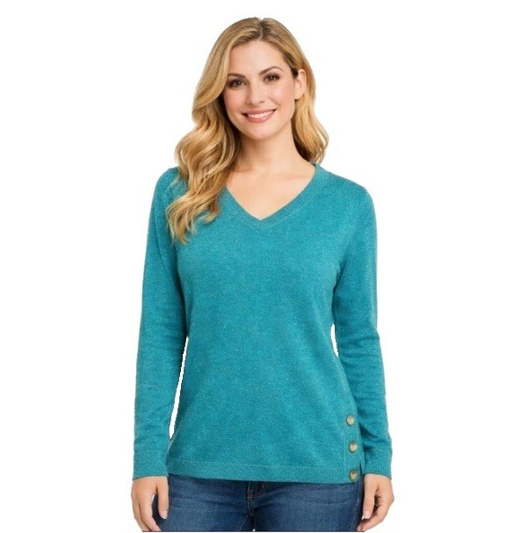 Talbots Womens Size MP Turquoise V Neck Confetti Speckled Cotton Blend Sweater